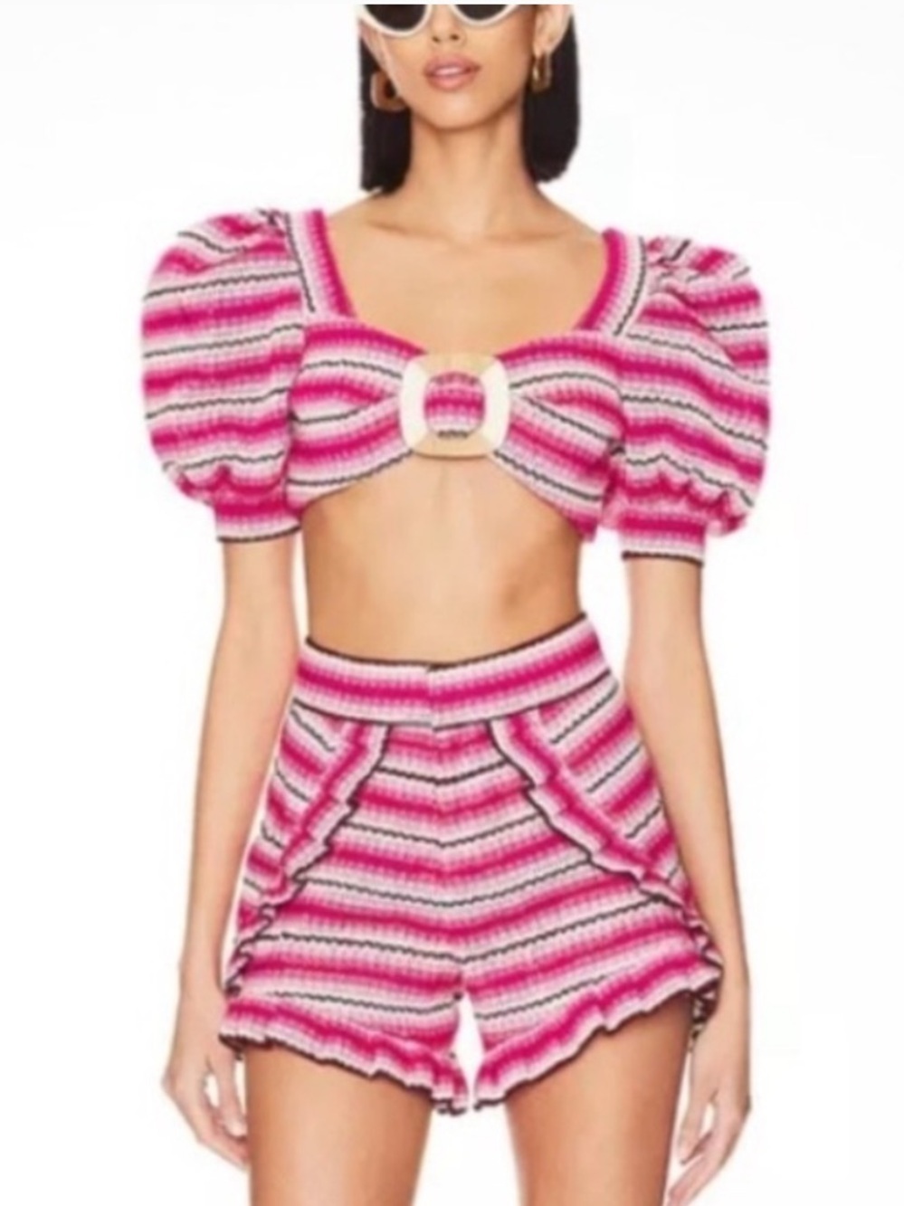 Pat Bo Striped Pink Crochet Two-Piece Set with Puff Sleeve top and shorts